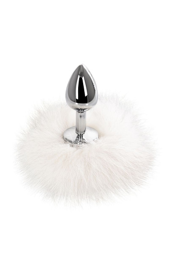 Серебристая анальная втулка с белым заячьим хвостом фото 2