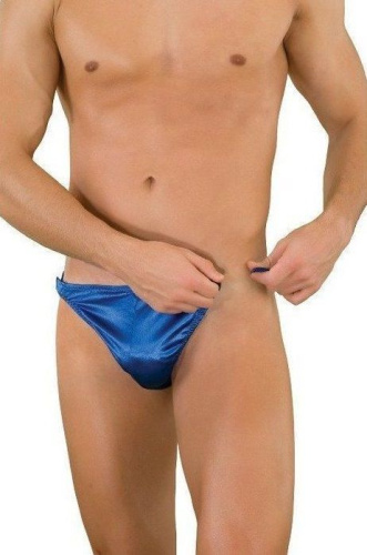Синие трусы-тонги с застежкой сбоку и сатиновым блеском фото 2