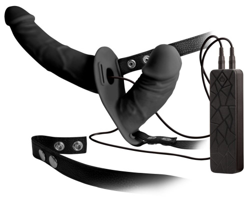 Чёрный вибрострапон с вагинальной пробкой Double Thruster - 17 см. Чёрный вибрострапон с вагинальной пробкой Double Thruster - 17 см.