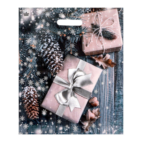 Новогодний пакет с принтом в виде подарков и вырубной ручкой (45х38 см) Новогодний пакет с принтом в виде подарков и вырубной ручкой (45х38 см)