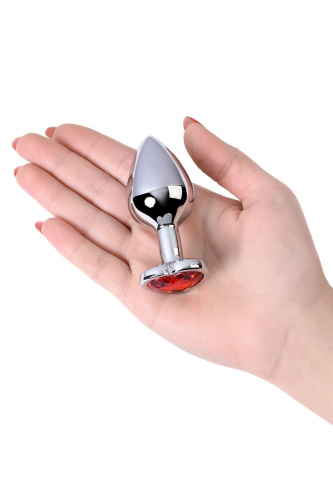 Серебристая коническая анальная пробка с красным кристаллом-сердечком - 7 см. фото 6