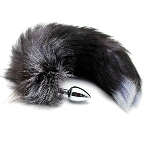 Серебристая анальная пробка с темным лисьим хвостом Black & White Fox Tail Size S фото 2