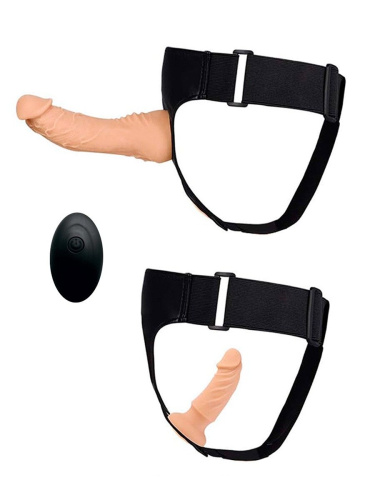 Женский страпон с 2 насадками, вибрацией и пультом ДУ фото 5 Женский страпон с 2 насадками, вибрацией и пультом ДУ фото 5