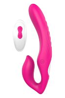 Ярко-розовый безремневой страпон Remote Double Dipper - 22 см.