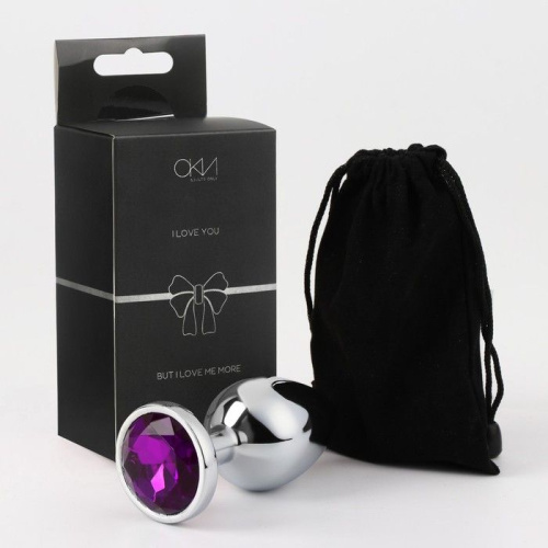 Серебристая металлическая анальная пробка с фиолетовым кристаллом - 9 см. фото 4