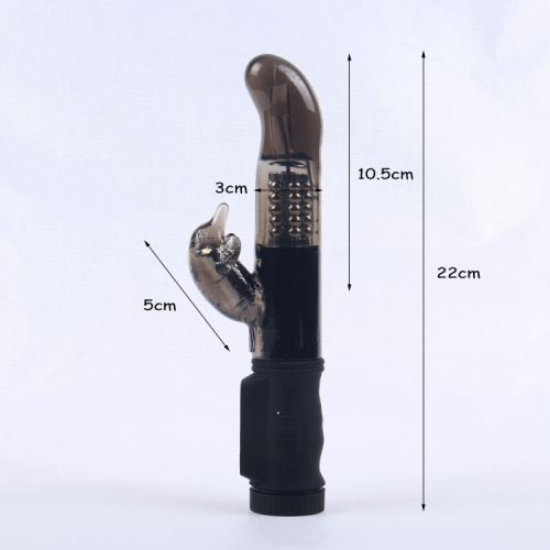 Дымчатый вибратор с изогнутой головкой, ротацией и клиторальным отростком - 22 см. фото 2