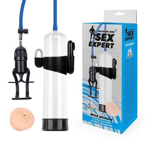 Прозрачная вакуумная вибропомпа Sex Expert с насадкой-вагиной фото 2