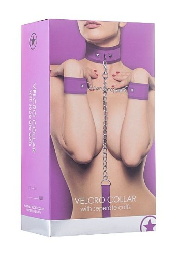 Фиолетовый ошейник с поводком и наручниками Velcro Collar With Seperate Cuffs фото 2