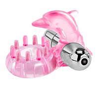 Розовое виброкольцо-дельфин с шипами