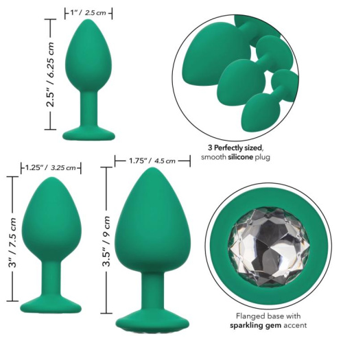 Набор из трёх зеленых анальных пробок с кристаллом Cheeky Gems фото 2