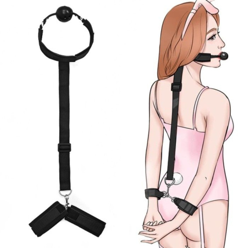 Черный кляп-шар с фиксацией рук за спиной фото 5