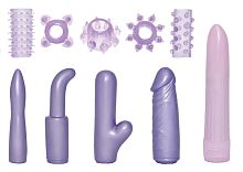 Сиреневый вибратор с насадками и интимными аксессуарами - 13,5 см.