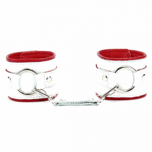 Бело-красные кожаные наручники с кольцом фото 4