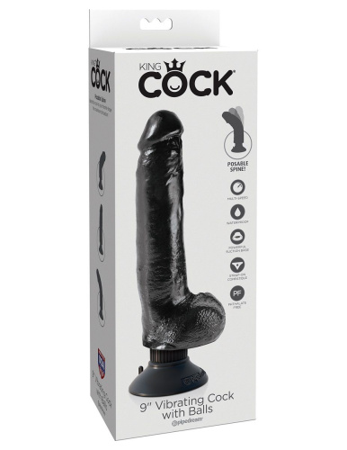 Чёрный виброфаллос со съемной присоской 9  Vibrating Cock with Balls - 22,9 см. фото 5