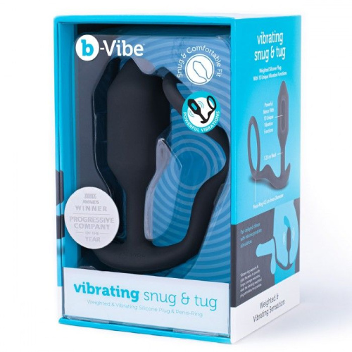 Черная анальная вибропробка с эрекционным кольцом Vibrating Snug & Tug M фото 5