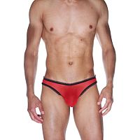 Мужские красные трусы-бразилиана с черной рюшевой отделкой Мужские красные трусы-бразилиана с черной рюшевой отделкой