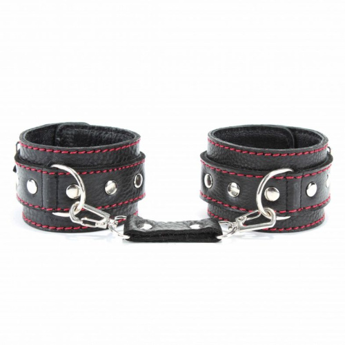 Черные наручники из натуральной кожи с красной строчкой фото 6