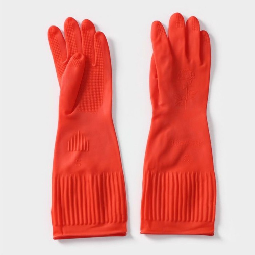Красные хозяйственные латексные перчатки с длинными манжетами (размер M) фото 5