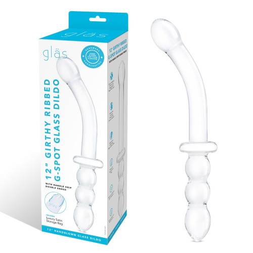 Изогнутый стеклянный фаллоимитатор 12’’ Girthy Ribbed G-Spot Glass Dildo With Handle Grip Double Ended - 30 см. фото 2