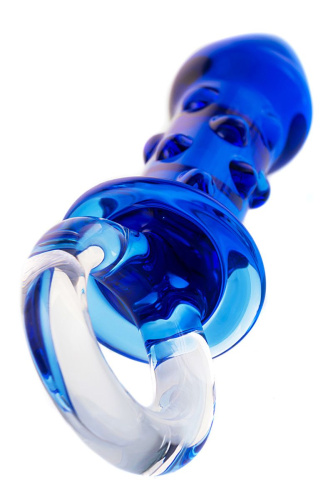 Синяя стеклянная анальная втулка с ручкой-кольцом - 16 см. фото 4