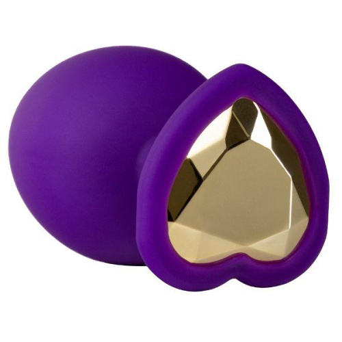 Фиолетовая анальная пробка с золотистым кристаллом-сердцем Bling Plug Small - 7,6 см. фото 3