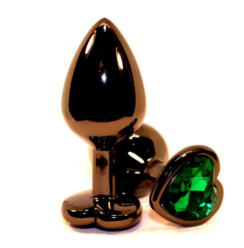 Черная коническая анальная пробка с зеленым кристаллом-сердечком - 8 см. фото 2