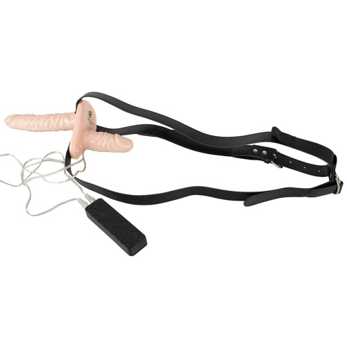 Телесный женский страпон с вагинальной пробкой Strap-On Duo - 15 см. фото 5