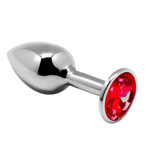 Серебристая анальная втулка Mini Metal Butt Plug Size M с красным кристаллом фото 2