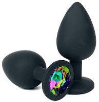 Черная силиконовая анальная пробка с разноцветным стразом - 9,5 см.
