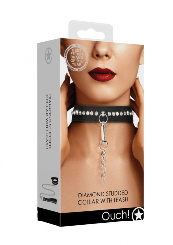 Черный ошейник с поводком Diamond Studded Collar With Leash фото 5