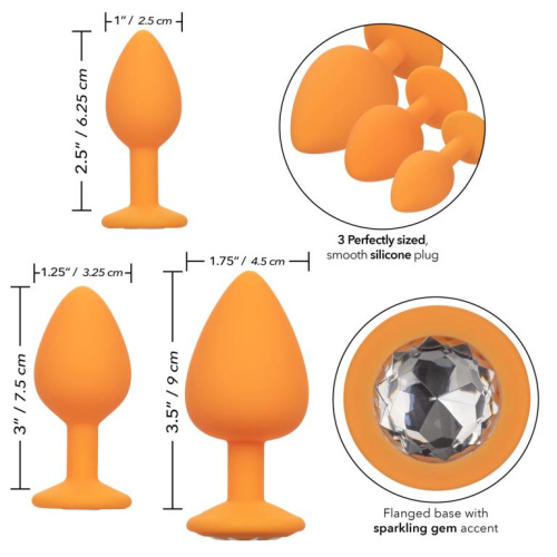 Набор из трёх оранжевых анальных пробок с кристаллом Cheeky Gems фото 2