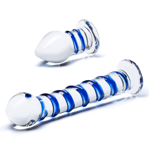 Набор из 2 стеклянных игрушек с синей спиралью Swirly Dildo & Buttplug Set фото 3