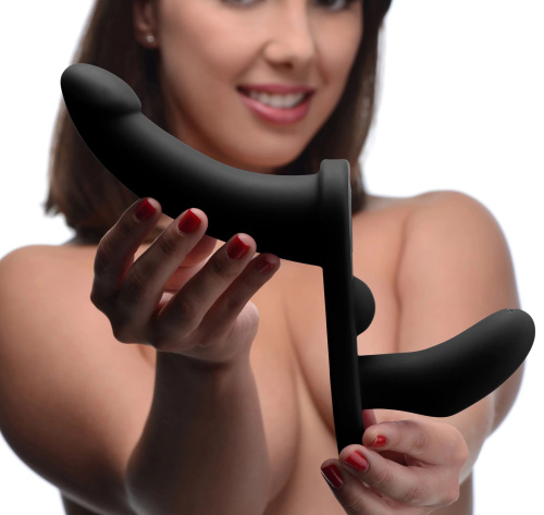 Черный вибрострапон Double Take 10X Double Penetration Vibrating Strap-on Harness фото 2