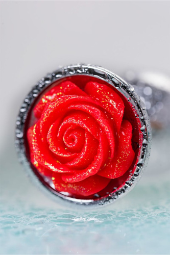 Серебристая анальная втулка с красной розочкой - 8 см. фото 10