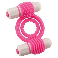 Розовое эрекционное кольцо с 2 виброэлементами NEON EUPHORIA CLITORAL MASSAGE RING