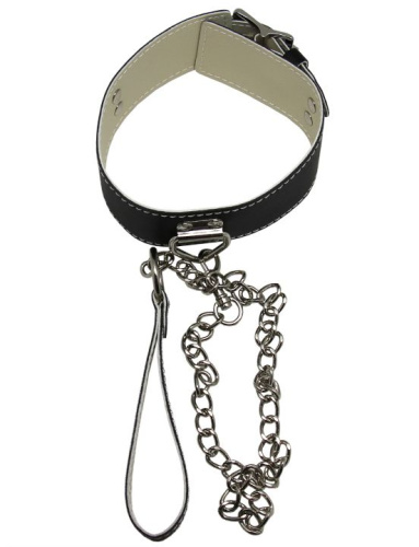 Черный ошейник с металлическим поводком с ручкой фото 3