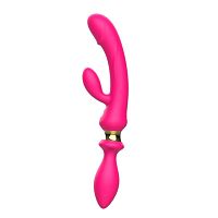 Розовый двусторонний вибромассажёр с клиторальным отростком - 30 см.