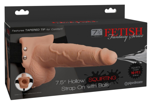 Телесный полый страпон с имитацией эякуляции 7.5  Hollow Squirting Strap-On with Balls - 21,6 см. фото 2