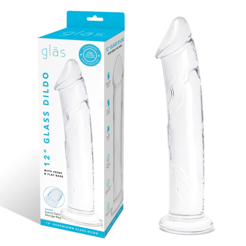 Большой стеклянный стимулятор 12’’ Glass Dildo With Veins & Flat Base - 28 см. фото 2