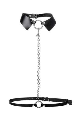 Черная портупея-чокер с поводком и карабином в виде кольца фото 3