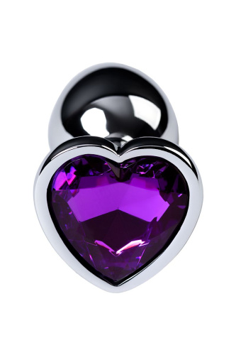 Серебристая коническая анальная пробка с фиолетовым кристаллом-сердечком - 7 см. фото 4