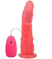 Розовый гелевый вибромассажер на присоске с проводным пультом - 19,3 см.