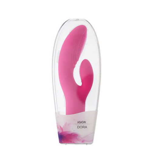 Розовый силиконовый вибромассажёр с клиторальным отростком DORA - 18 см. фото 2