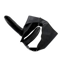 Чёрный латексный страпон с вагинальной пробкой STRAP ON WITH DOUBLE DILDO TWO TIMES LATEX - 16 см.