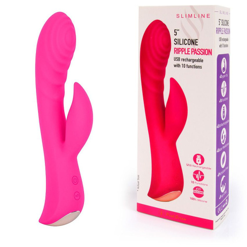 Ярко-розовый вибромассажер-кролик 5  Silicone Ripple Passion - 19,1 см. фото 2
