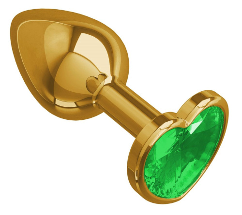 Золотистая анальная втулка с зеленым кристаллом-сердцем - 7 см. фото 2