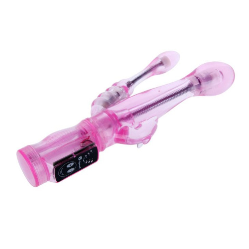 Розовый вибратор с анальным и клиторальным отростками Intimate Tease - 22 см. фото 3