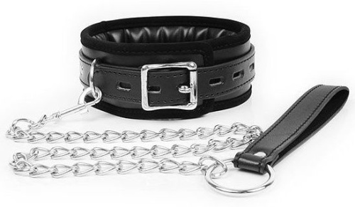Черный ошейник на металлическом поводке с ручкой-петлей Черный ошейник на металлическом поводке с ручкой-петлей