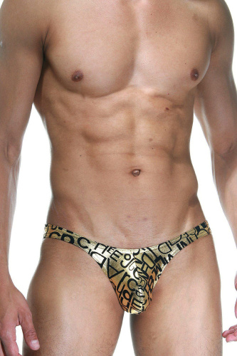 Мужские золотистые трусы-слипы с черными буквами Мужские золотистые трусы-слипы с черными буквами