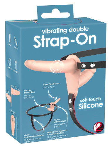 Телесный двойной вибрострапон с вибрацией Vibrating Double Strap-On - 15 см. фото 2